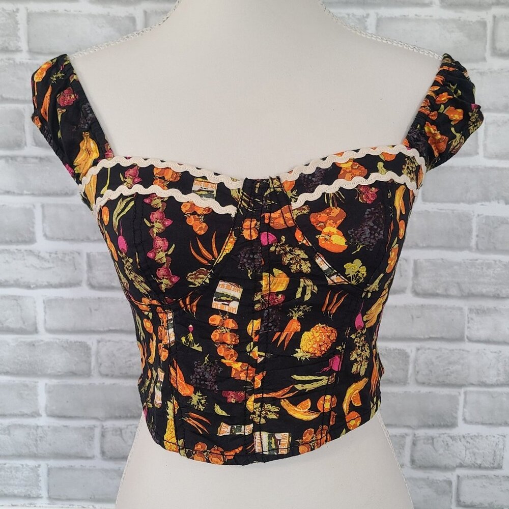 Urban Outfitters Smocked Crop Top Coquette Festival Vegetable Novelty Print M